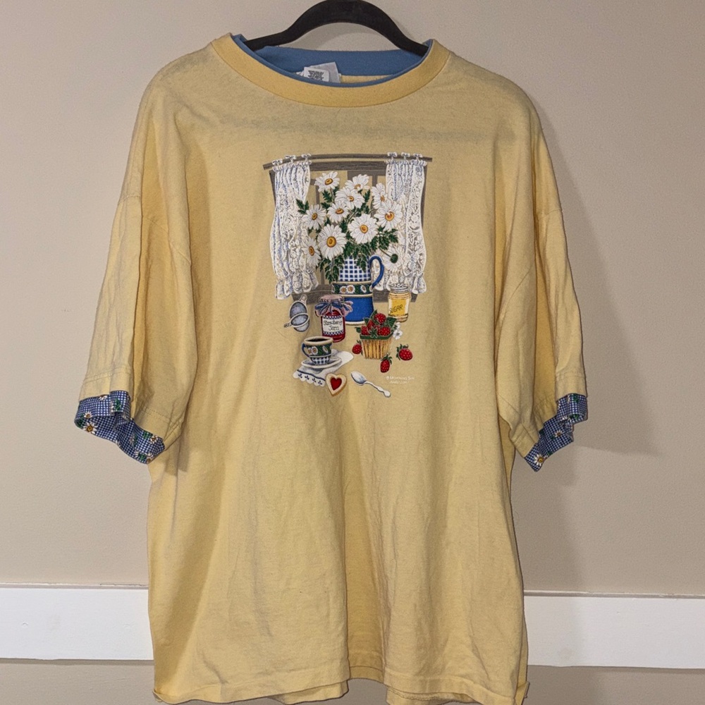 Charming Yellow Short Sleeve Women's Tee with Floral Kitchen Design. 2X - Picture 2 of 7